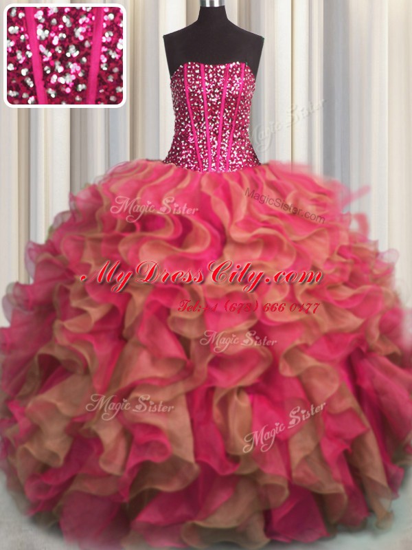 Visible Boning Beaded Bodice Organza Sleeveless Floor Length Quinceanera Dresses and Beading and Ruffles