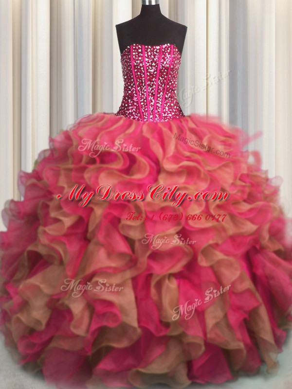 Visible Boning Beaded Bodice Organza Sleeveless Floor Length Quinceanera Dresses and Beading and Ruffles