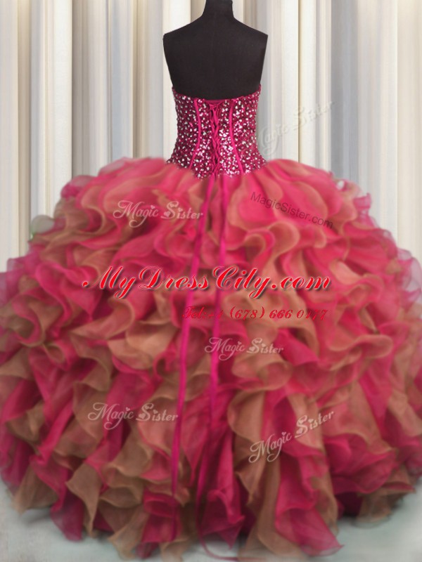 Visible Boning Beaded Bodice Organza Sleeveless Floor Length Quinceanera Dresses and Beading and Ruffles