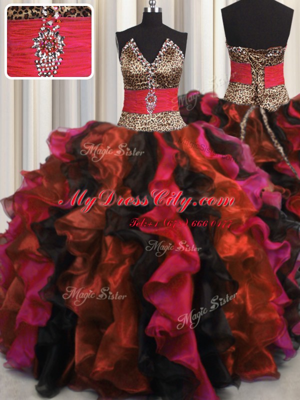 Traditional Leopard V Neck Sleeveless Lace Up Floor Length Beading and Ruffles Sweet 16 Quinceanera Dress