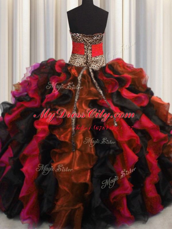 Traditional Leopard V Neck Sleeveless Lace Up Floor Length Beading and Ruffles Sweet 16 Quinceanera Dress