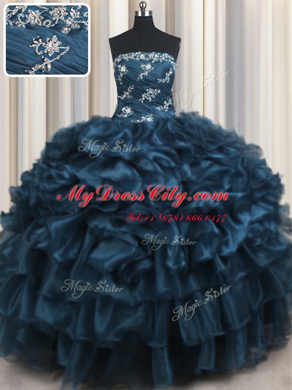 Appliques and Ruffles and Ruffled Layers Sweet 16 Dresses Navy Blue Lace Up Sleeveless Floor Length