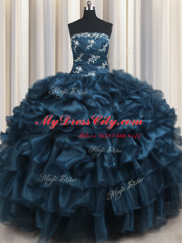 Appliques and Ruffles and Ruffled Layers Sweet 16 Dresses Navy Blue Lace Up Sleeveless Floor Length