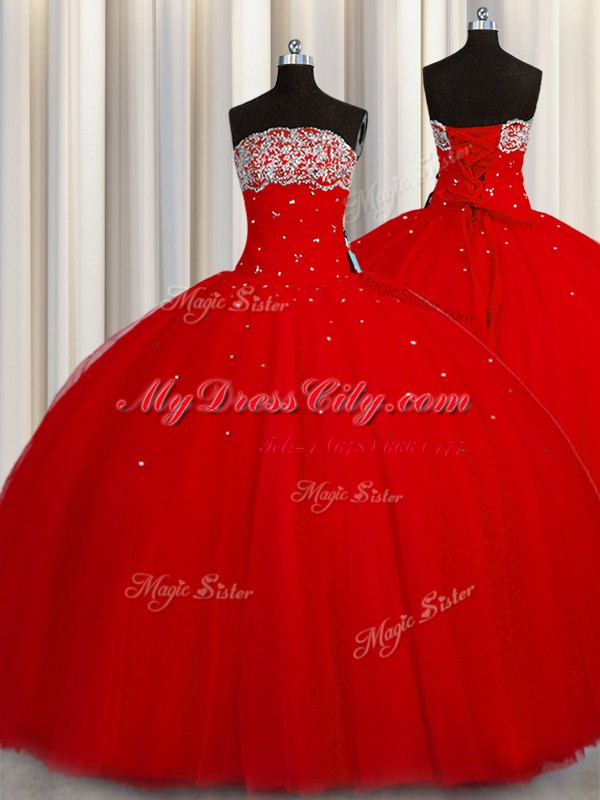 Glorious Puffy Skirt Organza Strapless Sleeveless Lace Up Beading and Sequins Quince Ball Gowns in Red