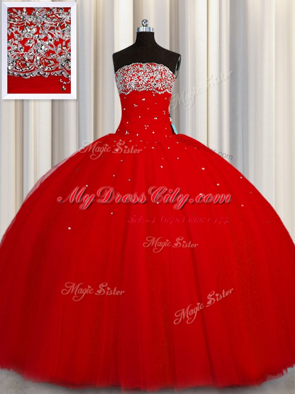 Glorious Puffy Skirt Organza Strapless Sleeveless Lace Up Beading and Sequins Quince Ball Gowns in Red