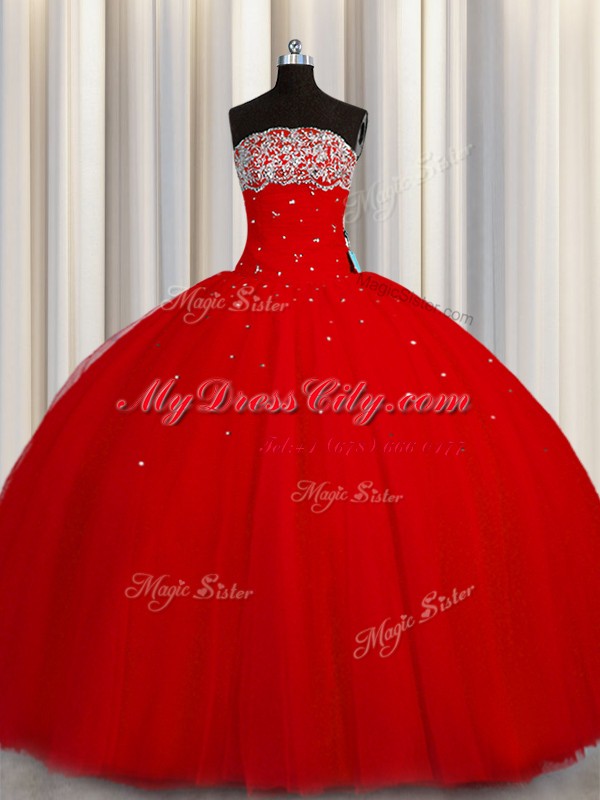 Glorious Puffy Skirt Organza Strapless Sleeveless Lace Up Beading and Sequins Quince Ball Gowns in Red