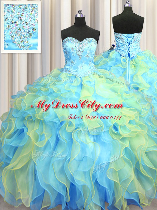 Lovely Organza Sweetheart Sleeveless Lace Up Beading and Appliques and Ruffles Vestidos de Quinceanera in Multi-color