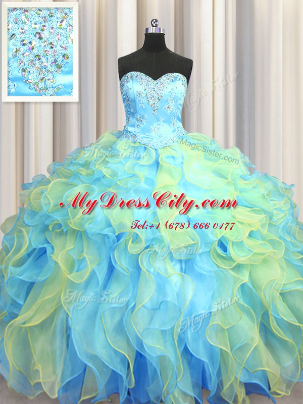 Lovely Organza Sweetheart Sleeveless Lace Up Beading and Appliques and Ruffles Vestidos de Quinceanera in Multi-color