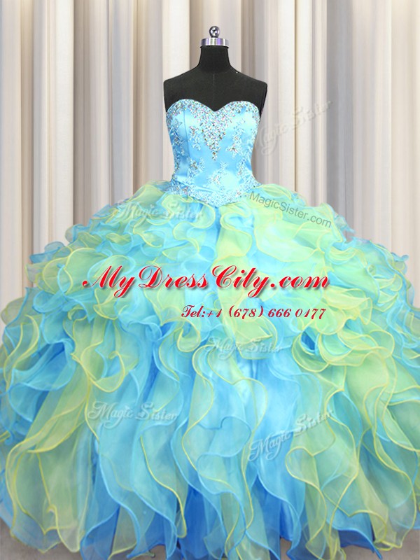 Lovely Organza Sweetheart Sleeveless Lace Up Beading and Appliques and Ruffles Vestidos de Quinceanera in Multi-color