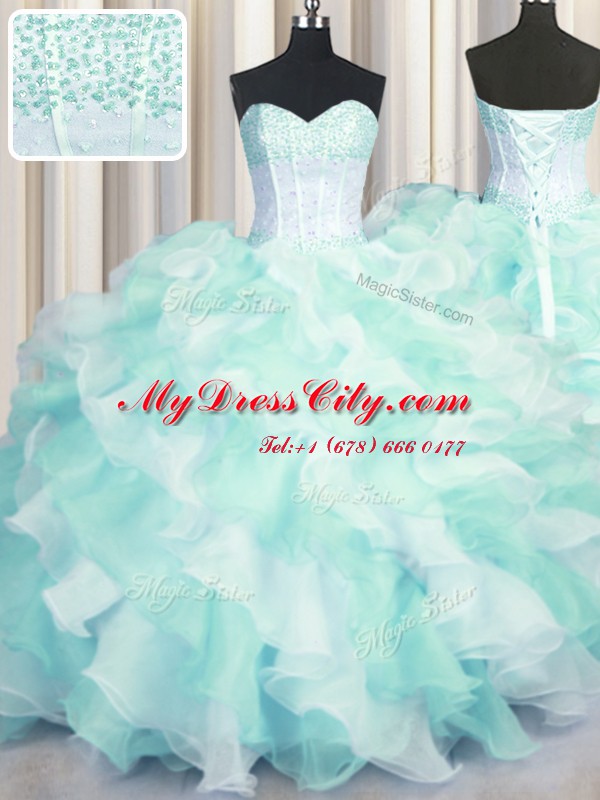 Comfortable Two Tone Visible Boning Multi-color Sleeveless Floor Length Beading and Ruffles Lace Up 15 Quinceanera Dress