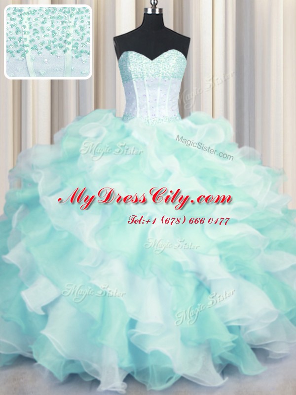 Comfortable Two Tone Visible Boning Multi-color Sleeveless Floor Length Beading and Ruffles Lace Up 15 Quinceanera Dress