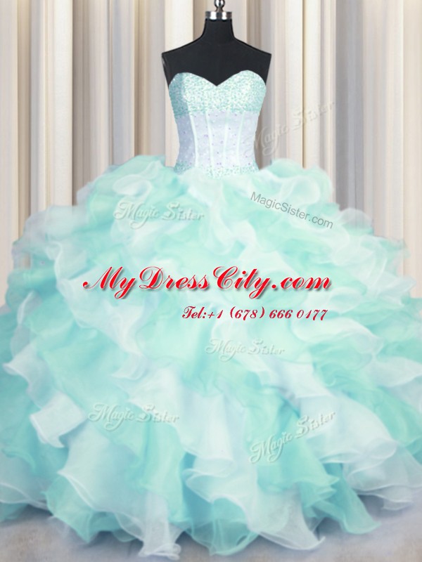 Comfortable Two Tone Visible Boning Multi-color Sleeveless Floor Length Beading and Ruffles Lace Up 15 Quinceanera Dress