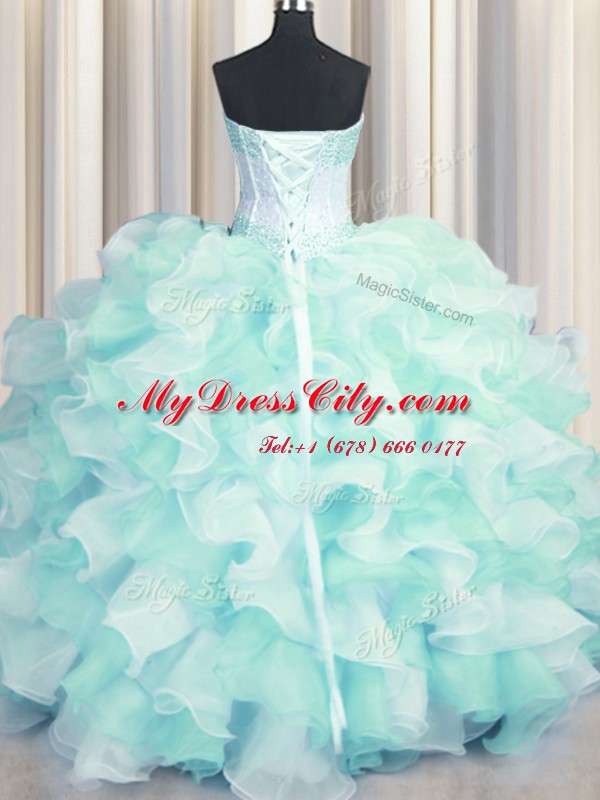 Comfortable Two Tone Visible Boning Multi-color Sleeveless Floor Length Beading and Ruffles Lace Up 15 Quinceanera Dress