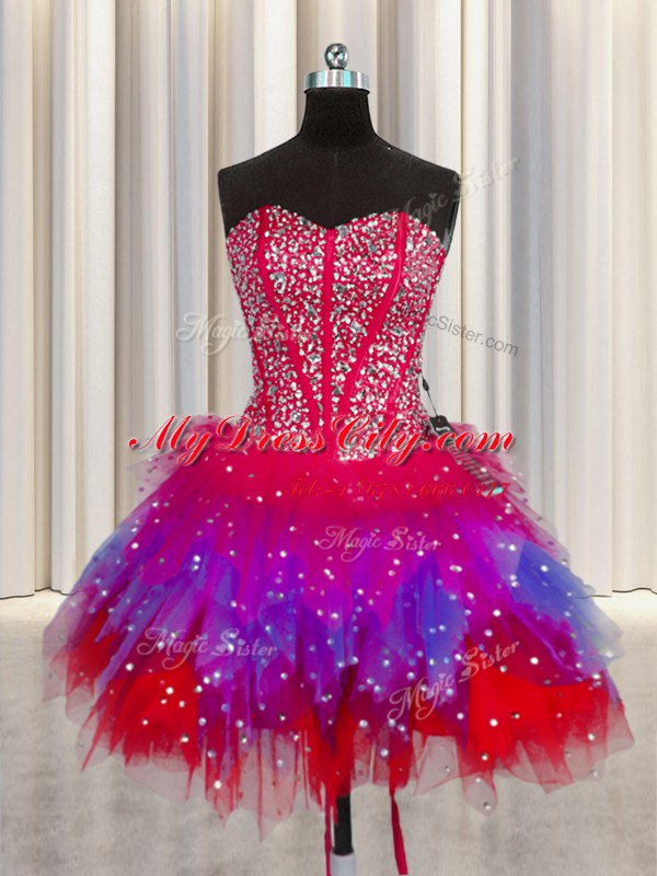 Custom Made Three Piece Visible Boning Multi-color Sleeveless Tulle Lace Up Ball Gown Prom Dress for Military Ball and Sweet 16 and Quinceanera