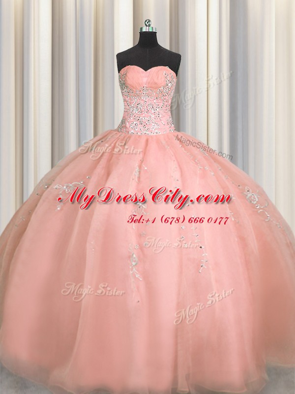 Puffy Skirt Watermelon Red Sleeveless Organza Zipper Vestidos de Quinceanera for Military Ball and Sweet 16 and Quinceanera