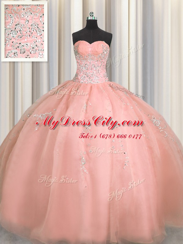 Puffy Skirt Watermelon Red Sleeveless Organza Zipper Vestidos de Quinceanera for Military Ball and Sweet 16 and Quinceanera