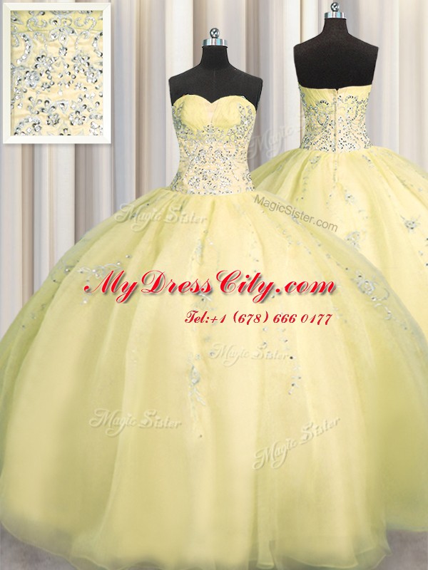 Really Puffy Light Yellow Ball Gowns Sweetheart Sleeveless Organza Floor Length Zipper Beading and Appliques 15 Quinceanera Dress