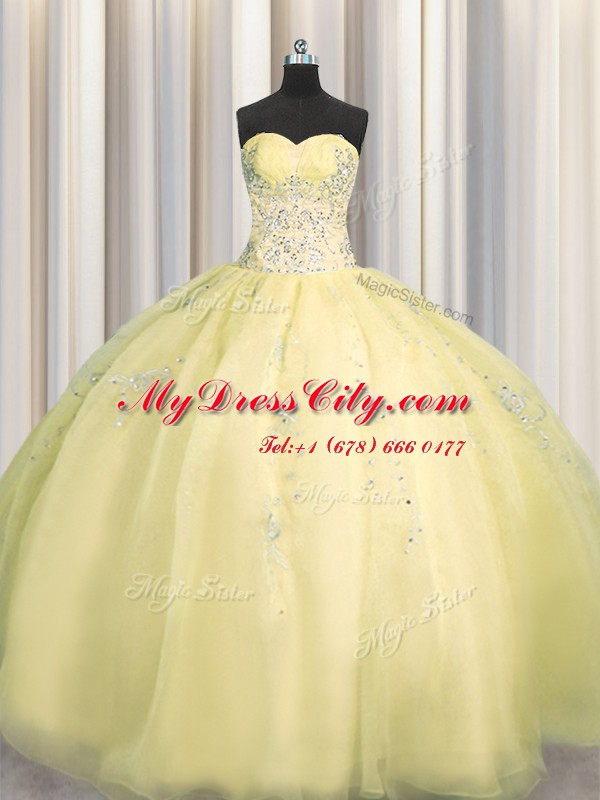 Really Puffy Light Yellow Ball Gowns Sweetheart Sleeveless Organza Floor Length Zipper Beading and Appliques 15 Quinceanera Dress