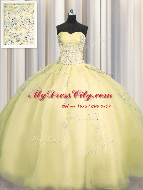 Really Puffy Light Yellow Ball Gowns Sweetheart Sleeveless Organza Floor Length Zipper Beading and Appliques 15 Quinceanera Dress