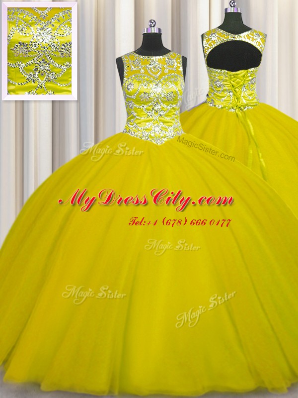 Wonderful Scoop Sleeveless Quinceanera Gown Floor Length Beading Gold Tulle