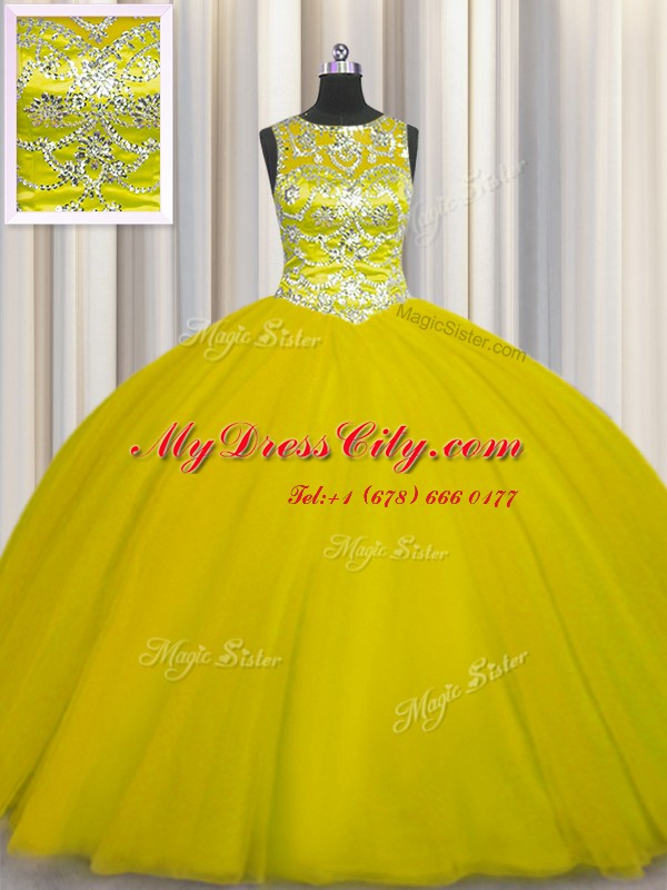 Wonderful Scoop Sleeveless Quinceanera Gown Floor Length Beading Gold Tulle