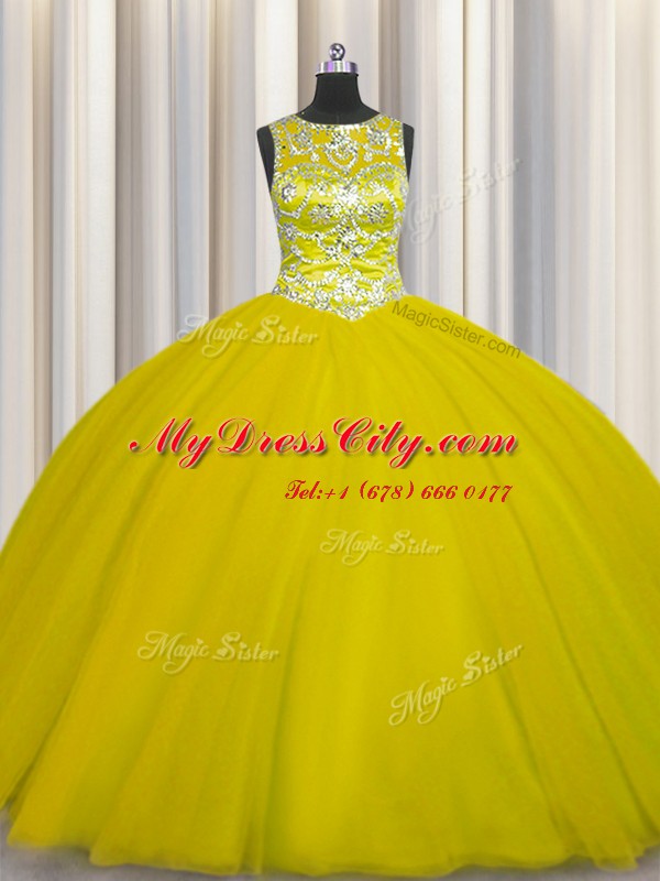 Wonderful Scoop Sleeveless Quinceanera Gown Floor Length Beading Gold Tulle