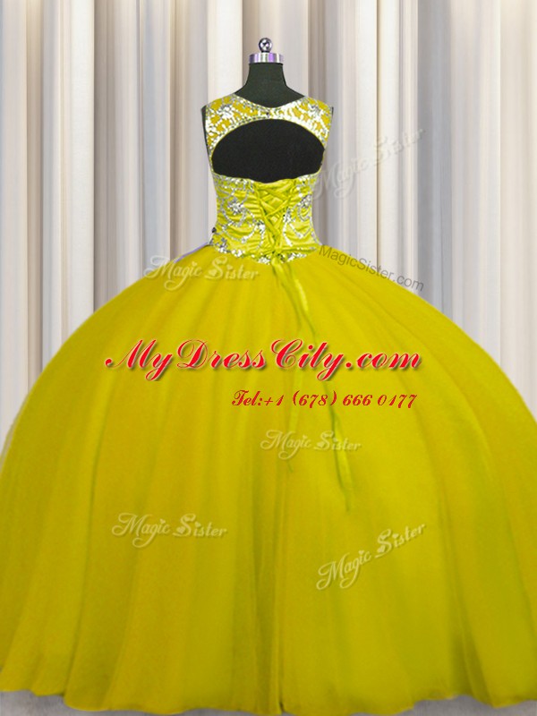 Wonderful Scoop Sleeveless Quinceanera Gown Floor Length Beading Gold Tulle