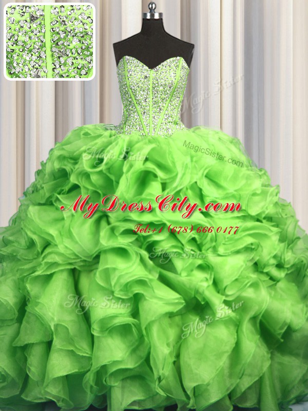 Elegant Visible Boning Brush Train With Train Lace Up Sweet 16 Dress Green for Military Ball and Sweet 16 and Quinceanera with Beading and Ruffles Sweep Train