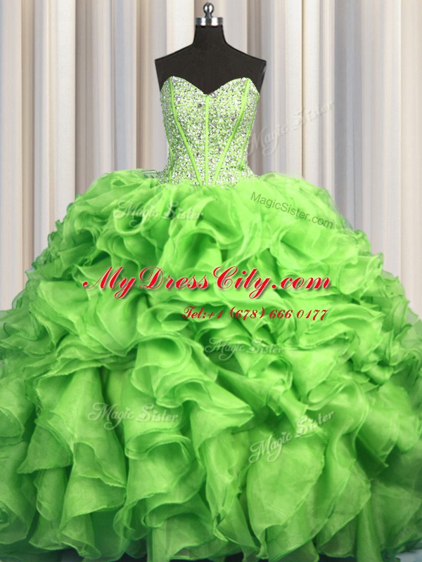 Elegant Visible Boning Brush Train With Train Lace Up Sweet 16 Dress Green for Military Ball and Sweet 16 and Quinceanera with Beading and Ruffles Sweep Train