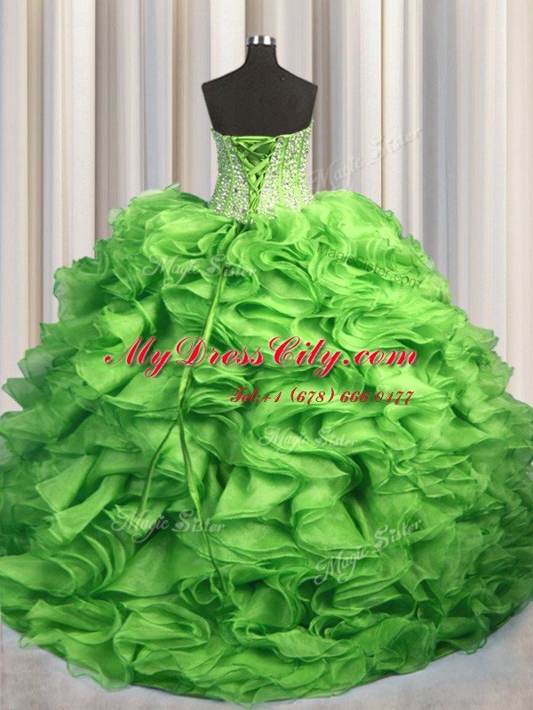 Elegant Visible Boning Brush Train With Train Lace Up Sweet 16 Dress Green for Military Ball and Sweet 16 and Quinceanera with Beading and Ruffles Sweep Train