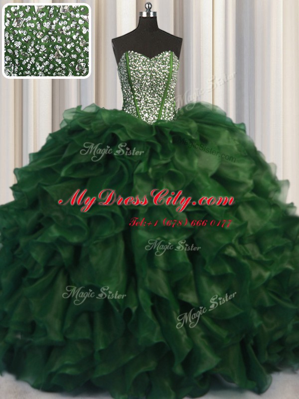 Visible Boning Bling-bling Green Sweetheart Lace Up Beading Quinceanera Dress Brush Train Sleeveless