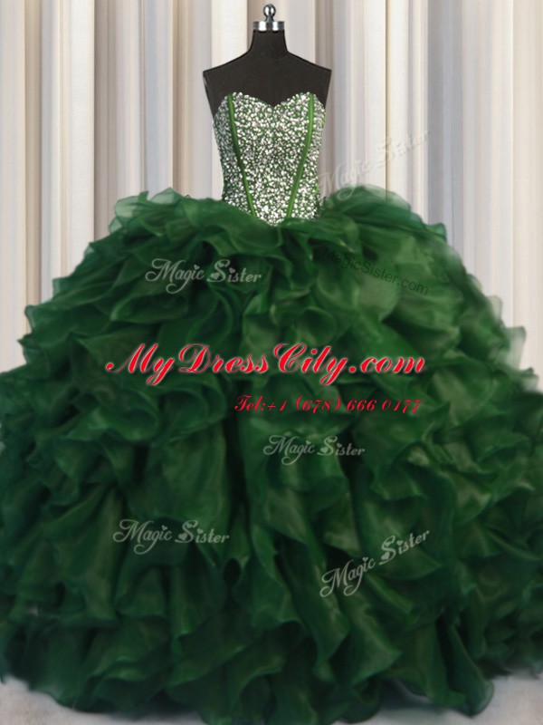 Visible Boning Bling-bling Green Sweetheart Lace Up Beading Quinceanera Dress Brush Train Sleeveless