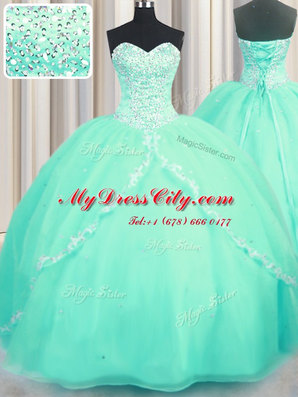 Luxury With Train Ball Gowns Sleeveless Turquoise Quinceanera Gowns Brush Train Lace Up