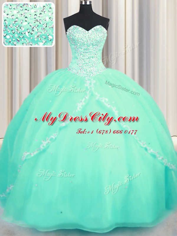 Luxury With Train Ball Gowns Sleeveless Turquoise Quinceanera Gowns Brush Train Lace Up