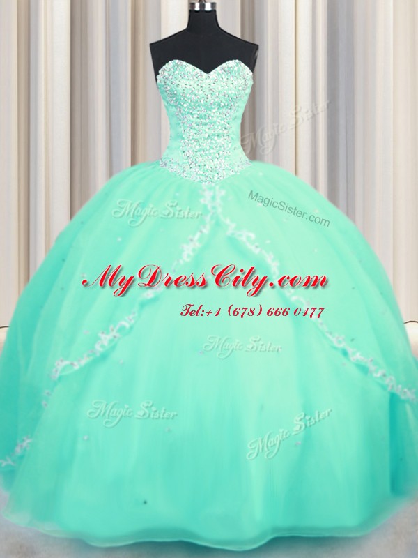 Luxury With Train Ball Gowns Sleeveless Turquoise Quinceanera Gowns Brush Train Lace Up