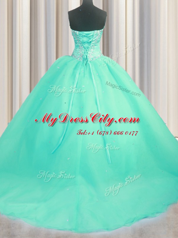 Luxury With Train Ball Gowns Sleeveless Turquoise Quinceanera Gowns Brush Train Lace Up