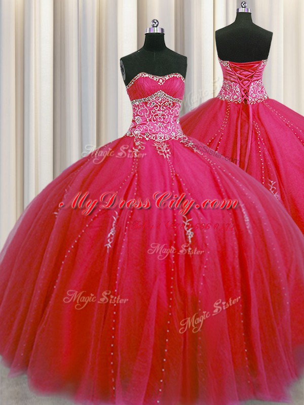 Big Puffy Sweetheart Sleeveless 15 Quinceanera Dress Floor Length Beading and Appliques Red Tulle