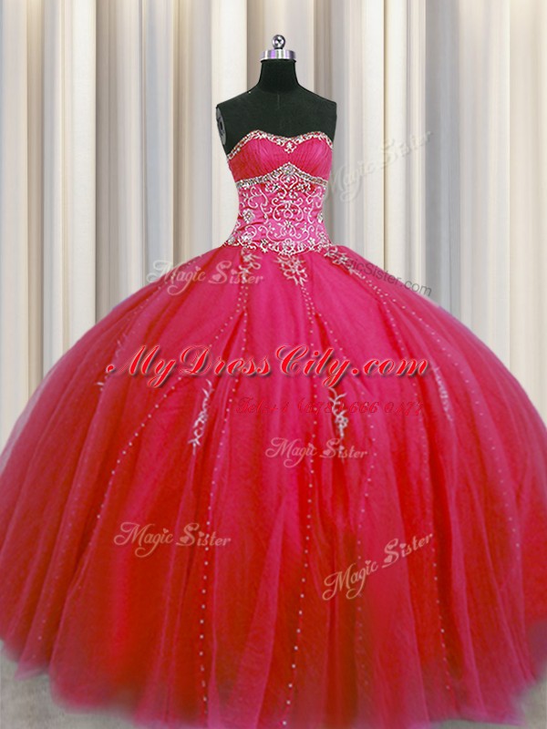 Big Puffy Sweetheart Sleeveless 15 Quinceanera Dress Floor Length Beading and Appliques Red Tulle