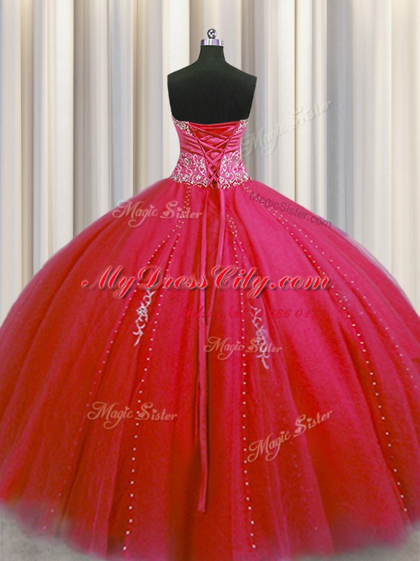 Big Puffy Sweetheart Sleeveless 15 Quinceanera Dress Floor Length Beading and Appliques Red Tulle