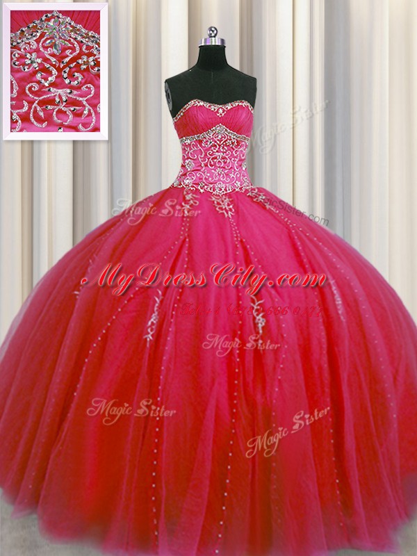 Big Puffy Sweetheart Sleeveless 15 Quinceanera Dress Floor Length Beading and Appliques Red Tulle