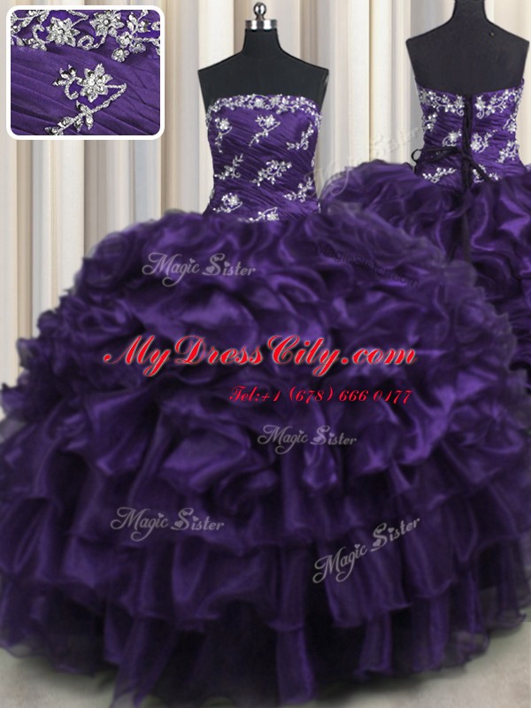 Organza Sleeveless Floor Length Quinceanera Dress and Appliques and Ruffles and Ruffled Layers