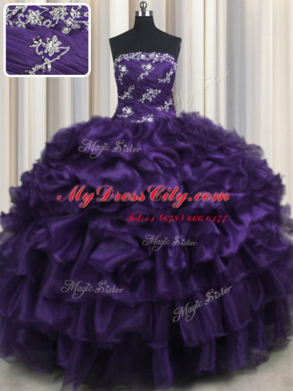 Organza Sleeveless Floor Length Quinceanera Dress and Appliques and Ruffles and Ruffled Layers