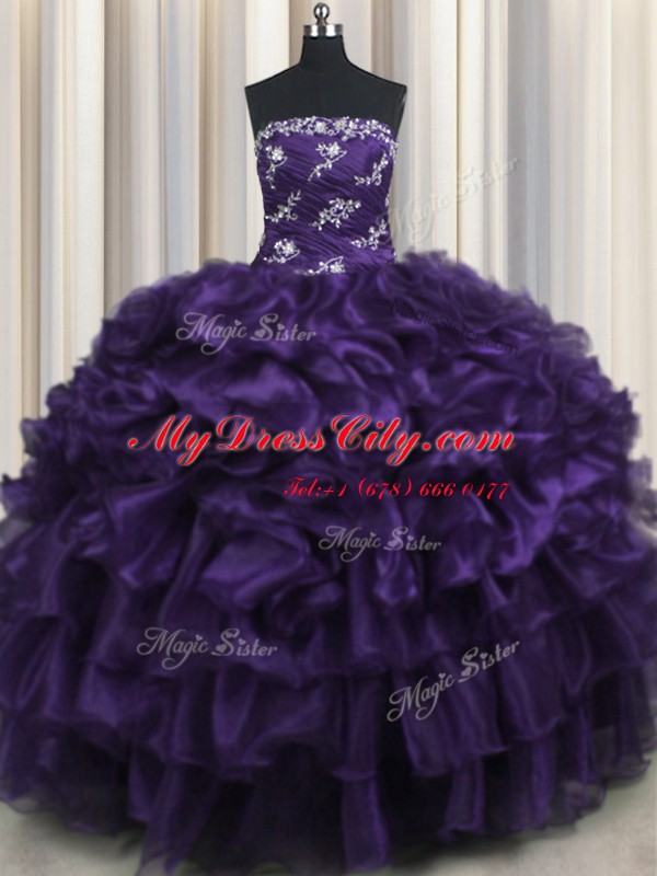 Organza Sleeveless Floor Length Quinceanera Dress and Appliques and Ruffles and Ruffled Layers