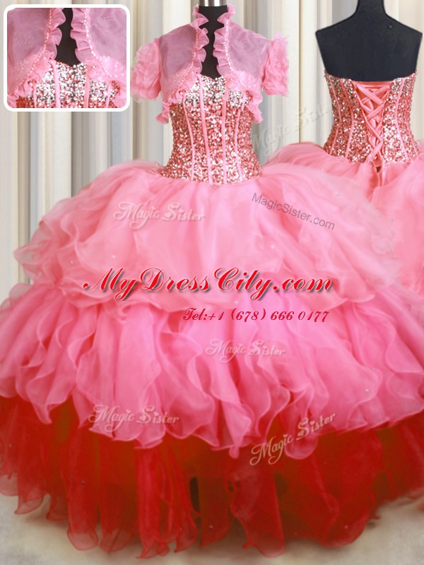 Beauteous Visible Boning Bling-bling Rose Pink Ball Gown Prom Dress Military Ball and Sweet 16 and Quinceanera and For with Beading and Ruffled Layers Sweetheart Sleeveless Lace Up