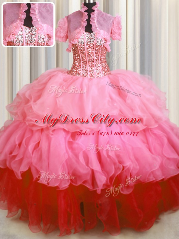 Beauteous Visible Boning Bling-bling Rose Pink Ball Gown Prom Dress Military Ball and Sweet 16 and Quinceanera and For with Beading and Ruffled Layers Sweetheart Sleeveless Lace Up