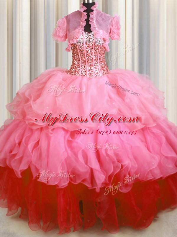 Beauteous Visible Boning Bling-bling Rose Pink Ball Gown Prom Dress Military Ball and Sweet 16 and Quinceanera and For with Beading and Ruffled Layers Sweetheart Sleeveless Lace Up