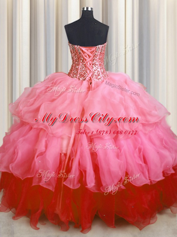 Beauteous Visible Boning Bling-bling Rose Pink Ball Gown Prom Dress Military Ball and Sweet 16 and Quinceanera and For with Beading and Ruffled Layers Sweetheart Sleeveless Lace Up