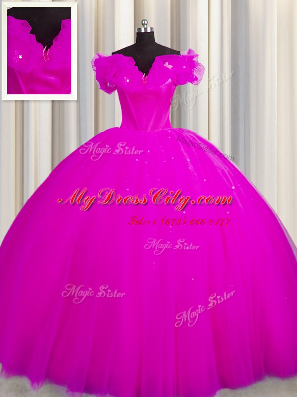 Off The Shoulder Short Sleeves Sweet 16 Quinceanera Dress With Train Court Train Ruching Fuchsia Tulle