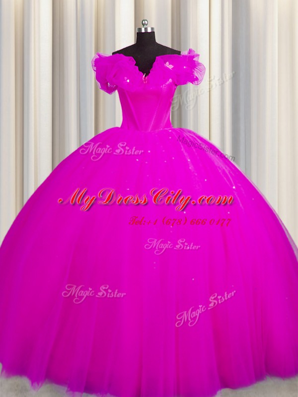 Off The Shoulder Short Sleeves Sweet 16 Quinceanera Dress With Train Court Train Ruching Fuchsia Tulle