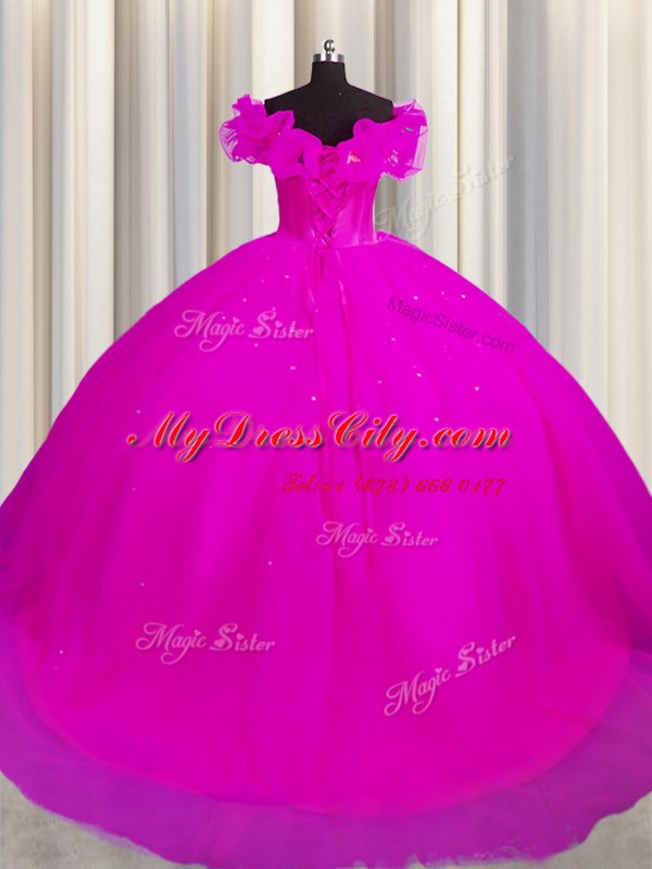 Off The Shoulder Short Sleeves Sweet 16 Quinceanera Dress With Train Court Train Ruching Fuchsia Tulle